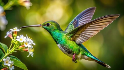 Fototapeta premium Vibrant green hummingbird with iridescent feathers sips nectar from a delicate white flower, its tiny wings beating rapidly in the warm tropical sunlight.