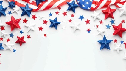 Fototapeta premium red, white, and blue stars with an American flag banner on a white background, American national colors, American flag elements, red stripes and white space for text Generative AI