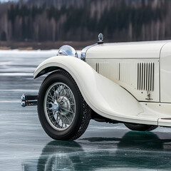 Close-Up of White Vintage Car on Ice
