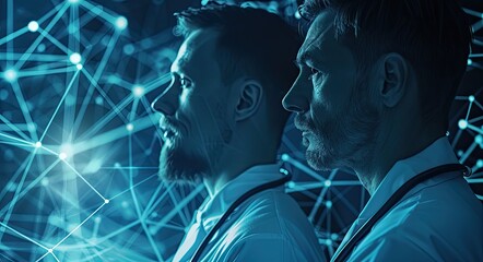 Two men are looking at a computer screen with a blue background