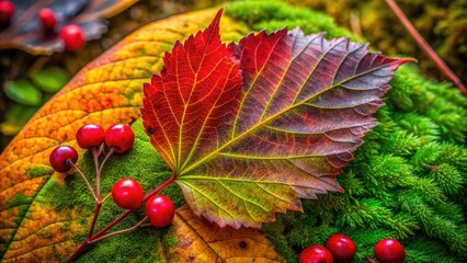 Obraz premium Vibrant green leaf with delicate, intricate veins and edges, adorned with seasonal autumn accents of rich crimson and honey-toned berries, on a soft, mossy background.