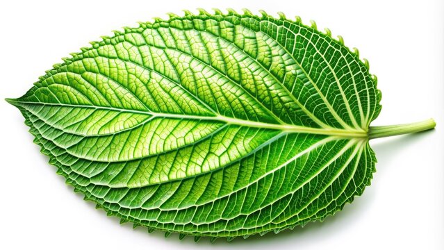 Vibrant green leaf with distinct segments, intricate veining, and curly edges, isolated on a white background, showcasing nature's unique beauty and fascinating texture.