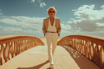 High fashion concept. Portrait of fashionable male model crossing old bridge in luxurious white clothing among sands under the blue sky. Luxury brands campaign style. Outdoor shot