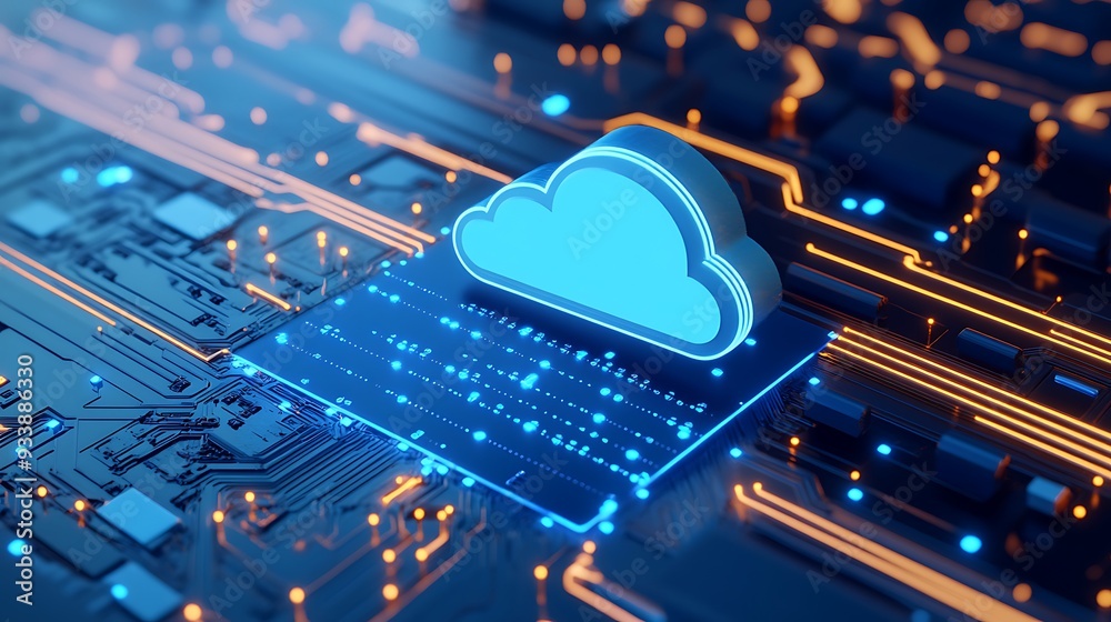 Poster digital cloud computing concept with a 3d cloud graphic on a circuit board, highlighting data storag