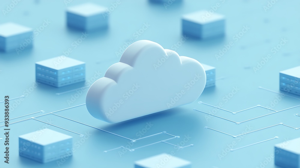 Poster digital cloud computing concept with a blue background and floating geometric shapes representing da
