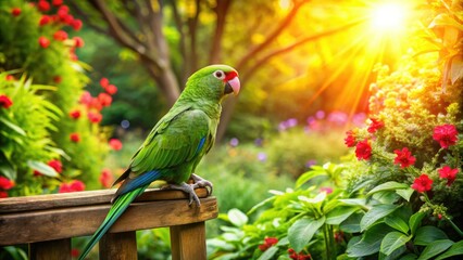Vibrant green parrot perched on a rustic wooden border, surrounded by lush foliage and exotic flowers, against a warm sunny backdrop.
