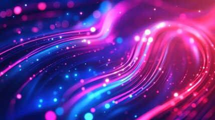 Fototapeta premium Abstract banner with fuchsia indigo bright neon curves and shimmering lights Digital movement notion