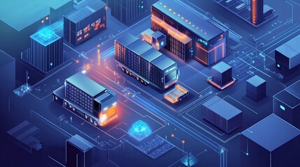 Fototapeta premium A futuristic isometric warehouse with IoT-driven forklifts and trucks optimizing routes for seamless operation.