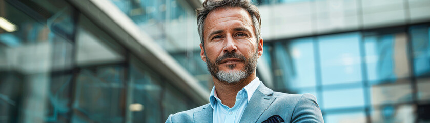 Fototapeta premium A man in a suit and tie stands in front of a building with his arms crossed