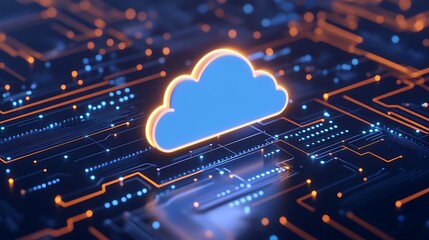 Digital cloud graphic on a circuit board background representing modern technology, data storage, and cloud computing solutions.