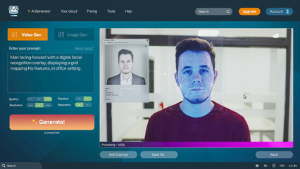User interface of AI video generator. Artificial intelligence chatbot generate detailed video of man with digital facial recognition overlay. AI generated video creation. Template for computer screen.