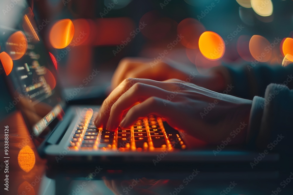 Poster engaging in coding at night: a glimpse of focused hands on a backlit keyboard