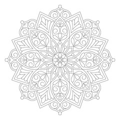 Circular floral mandala design for coloring book page