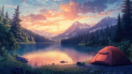 Serene anime camping in nature, with a tent by a crystal-clear lake, mountains in the background, and a soft sunset glow.