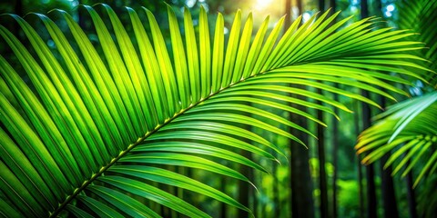 Fototapeta premium Vibrant green tropical palm leaf unfurls against a blurred, dappled forest floor, casting an intricate shadow on a lush, abstract natural background.