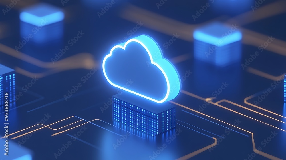 Poster digital rendering of a glowing cloud icon representing cloud computing technology, data storage, and
