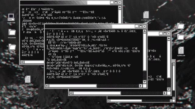 Video transition from a window tab to another on a classic computer screen interface with animated background, icons and windows. Green chroma key background.