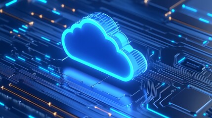 Futuristic 3D cloud computing concept. Blue glowing cloud icon on circuit board, representing data storage and technology.
