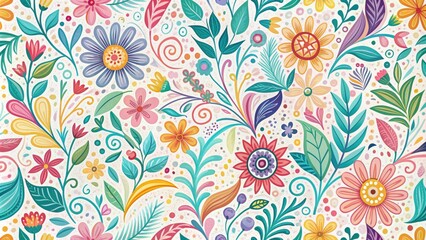 Vibrant hand-drawn brush pattern featuring intricate swirls, delicate florals, and abstract shapes in a mix of pastel and bold colors on a white background.