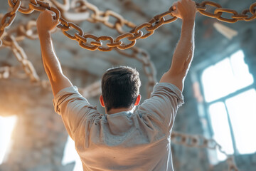 Fototapeta premium A man breaking free from chains. freedom