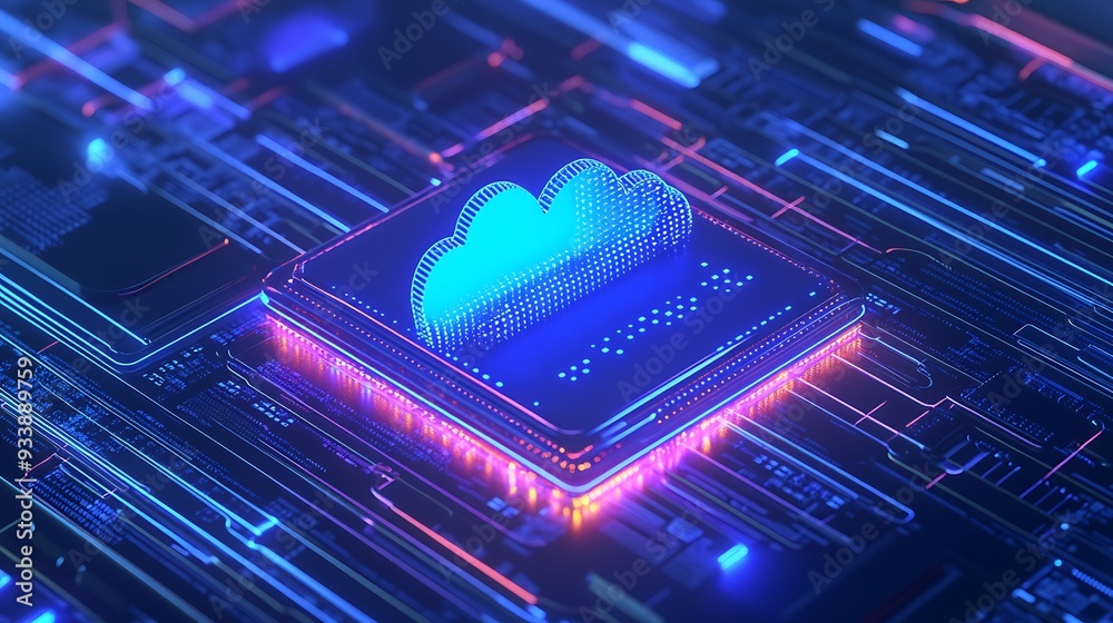 Poster futuristic cloud computing and data storage concept with glowing circuits and a digital cloud on a n