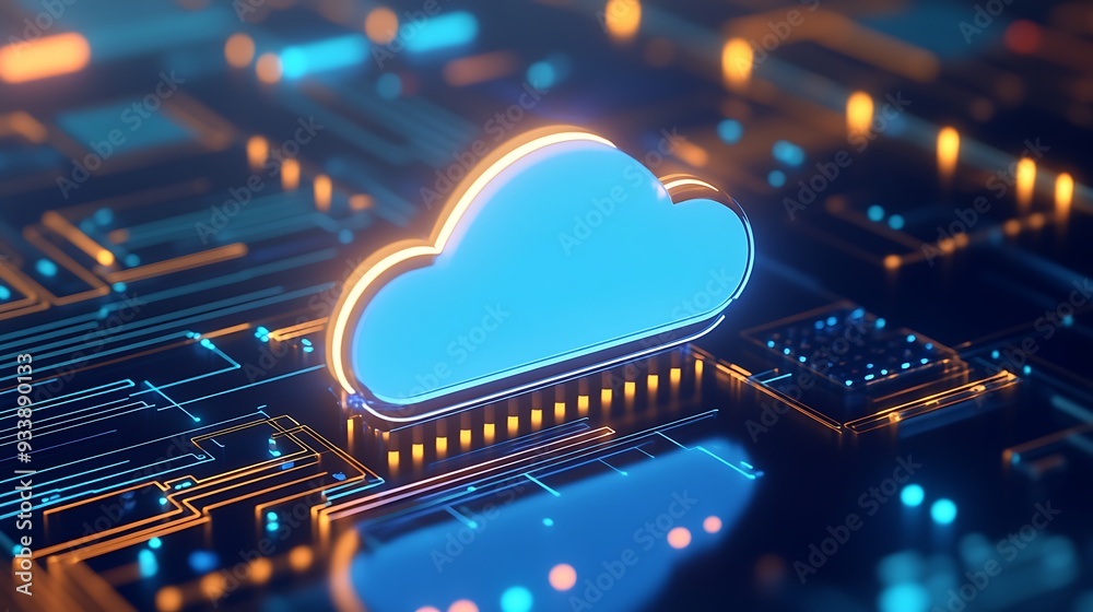 Poster futuristic cloud computing concept with a glowing cloud icon on a circuit board, representing data s