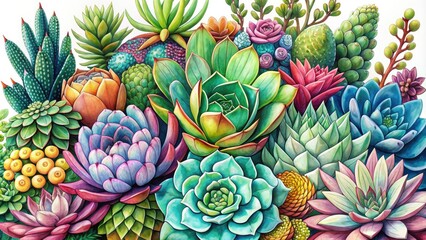 Fototapeta premium Vibrant hand-drawn succulent illustration with bold lines, soft textures, and delicate details, showcasing a variety of species in a whimsical, bohemian-inspired botanical arrangement.