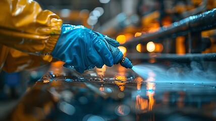 Industrial worker cleaning machinery with high pressure