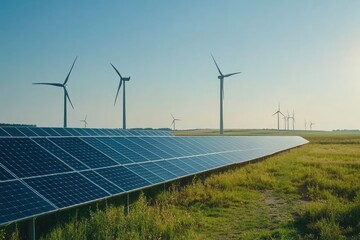 Solar panels and windmills in field. Green technology with generative ai