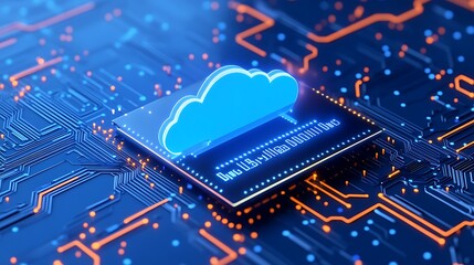 Obraz premium Futuristic cloud computing concept with glowing blue cloud icon on a circuit board. Ideal for technology and data storage themes.