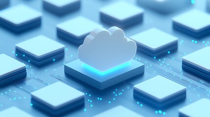 Futuristic cloud computing concept with geometric shapes and glowing elements highlighting technology and data storage innovation.
