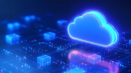 Futuristic cloud computing concept with glowing blue cloud icon on a digital grid background, symbolizing data storage and network technology.