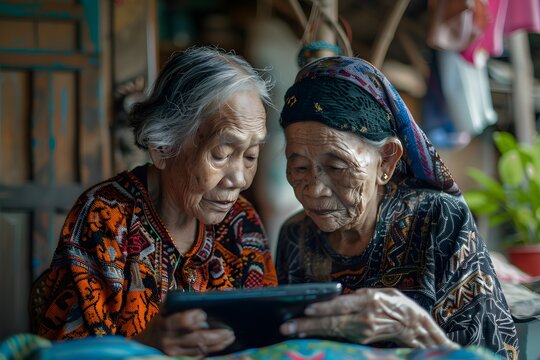 Two Elderly Women Engaged in a Heartwarming Moment with a Tablet