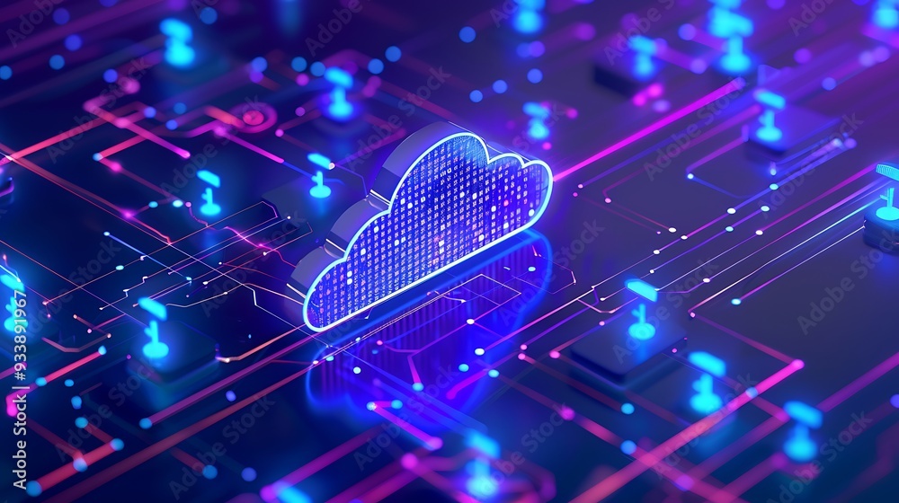 Poster futuristic cloud computing concept with neon lights and circuits, representing data storage and cybe