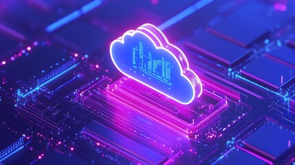 Futuristic cloud computing concept with neon lights and digital data visualization on a motherboard, symbolizing tech innovation and data management.