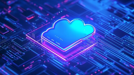 Futuristic cloud computing concept with neon lights, representing digital technology and data storage in a vibrant, tech-inspired environment.
