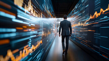 A Businessman Walking Through a Futuristic Corridor Surrounded by Dynamic Digital Graphs