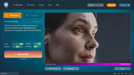 User interface of artificial intelligence video generator. AI chatbot generate detailed high-quality video: Woman face with facial recognition digital grid. Text to video technology. Automated artwork