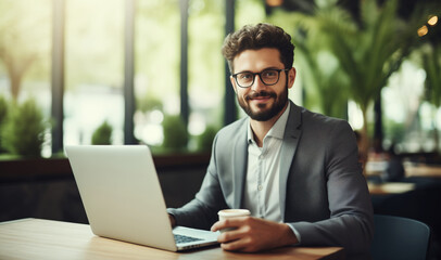 Fototapeta premium Modern successful young businessman sitting in a cafe and working on a laptop, drinks coffee