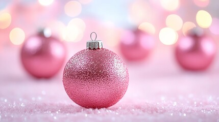 Fototapeta premium Pink glitter ornament on soft surface with blurred lights in background