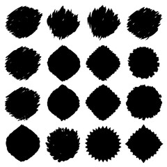 A collection of black circles and squares placed upon a white background
