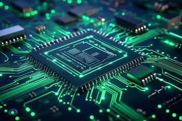 Fototapeta premium digital circuit creating a futuristic scene. showcasing intricate details of electronic circuits. This design symbolizes advanced technology in software development or data processing, 