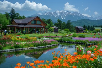Obraz premium Serene Mountain Retreat Surrounded by Vibrant Flower Gardens and Reflective Waters