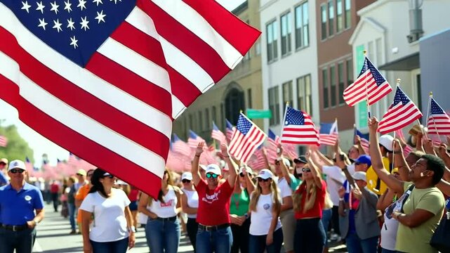 A diverse group of workers hoists a massive American flag during a vibrant Labor Day parade.