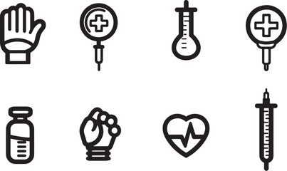 A simple vector icon set featuring a medical glove, test tube, heart rate, and thermometer