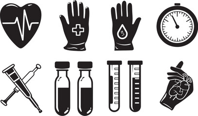 A simple vector icon set featuring a medical glove, test tube, heart rate, and thermometer