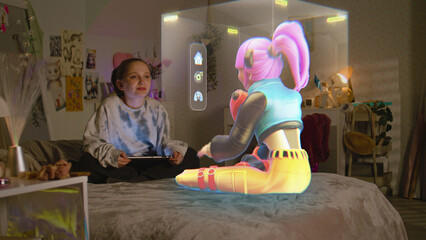 Young girl uses tablet computer, talks to virtual reality hologram in metaverse sitting on bed at home. Futuristic 3D graphics of animated avatar. Technology of AI friend simulation. Augmented reality