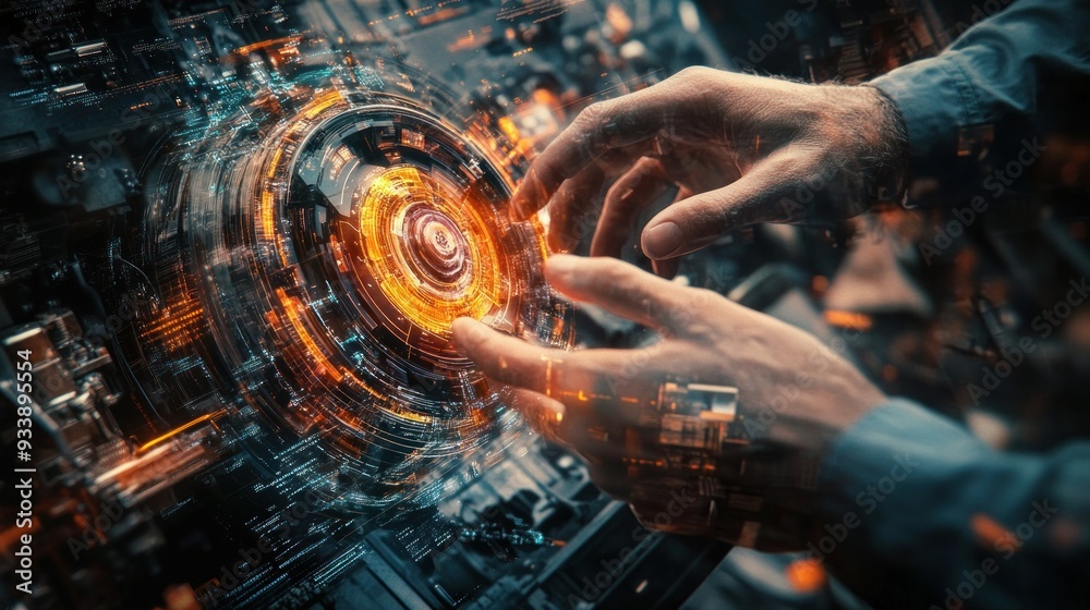 Poster Hands Interacting with a Futuristic Digital Interface
