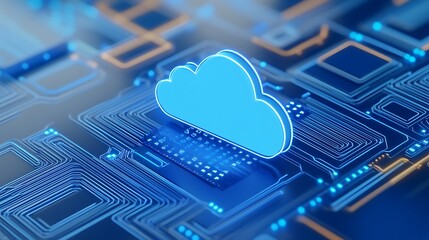 Futuristic digital cloud technology and virtual data storage concept, represented by a glowing cloud icon on a circuit board background.