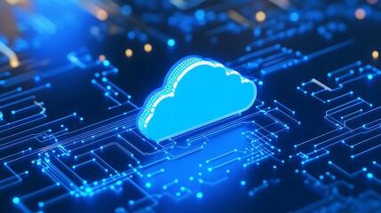 Futuristic digital cloud technology concept showcasing a glowing cloud icon on a circuit board, representing cloud computing and storage solutions.